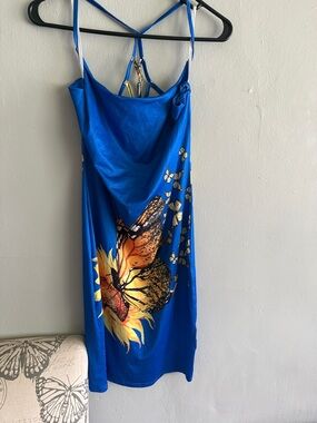 Blue Butterfly Print Backless Slip Dress
